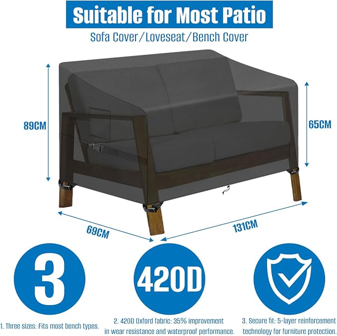 SIRUITON 2-Seat Garden Patio Sofa/Loveseat/Bench Cover 51" W x 27" D x 35" H - Image 2
