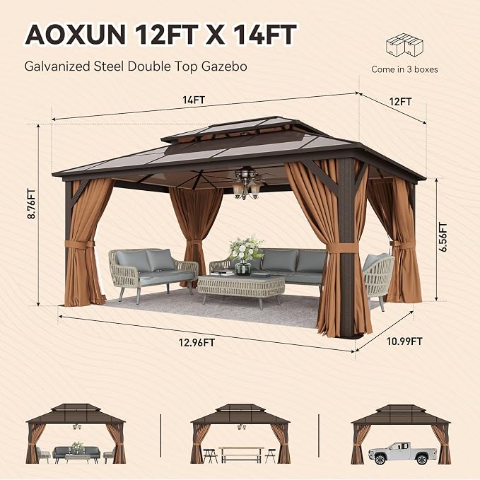 Aoxun 12'x14' Hardtop Gazebo, Outdoor Metal Gazebo - Image 3