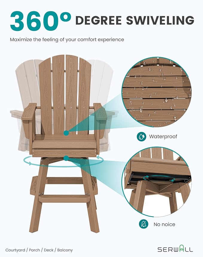 SERWALL Swivel Adirondack Barstools Set of 2, HDPE Outdoor Swivel Bar Chairs - Image 3