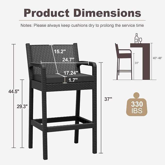 Outdoor Bar Stools Set of 2, Wicker Bar Chair - Image 2