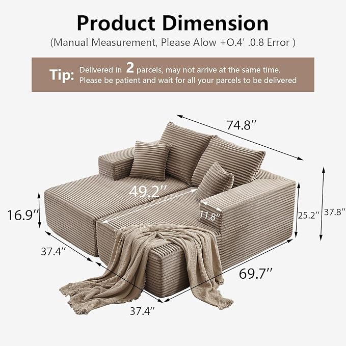 ODUWA Oversized Double Chaise Lounges Indoor, Upholstered Boneless Cloud - Image 2