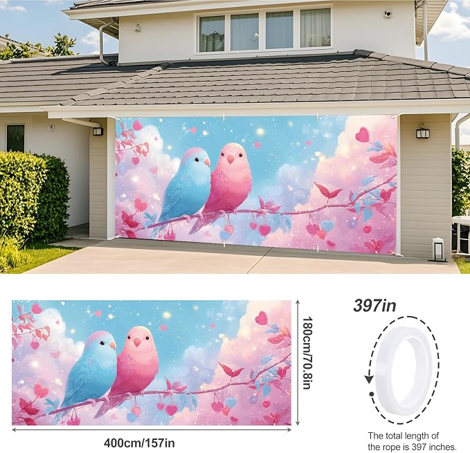 Birds Garage Door Banner 6x13FT, Cute Love Birds Garage Door Cover, Romantic - Image 3