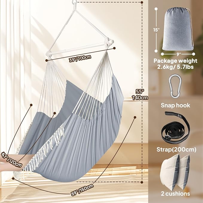 Chihee Hammock Chair 4.9ft x 3.9ft Max 500 Lbs Widen Hanging Swing 2 Cushions - Image 4