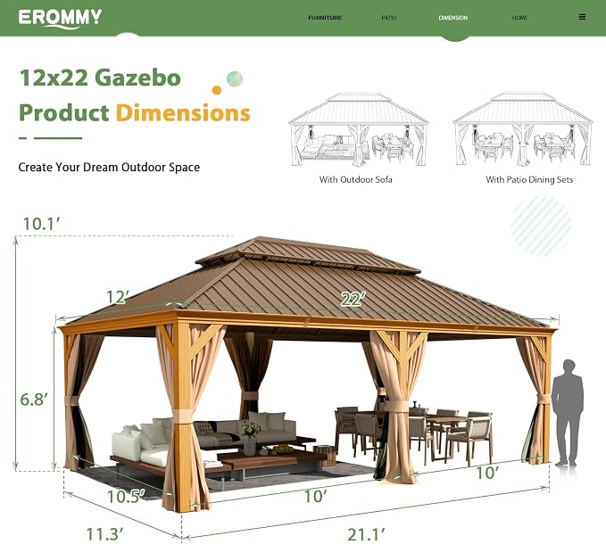 EROMMY 12'x22' Gazebo, Wooden Finish Coated Aluminum Frame Pergola - Image 4