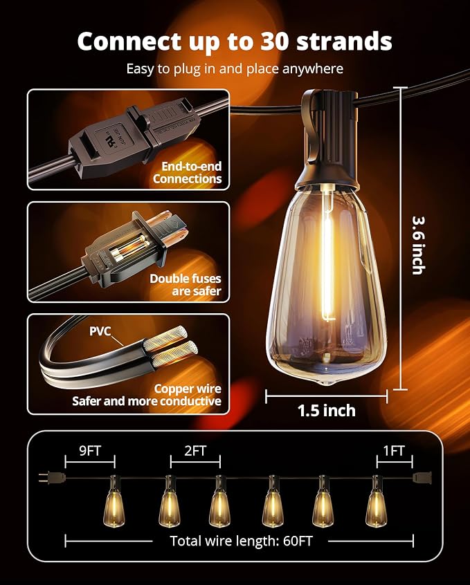 VIPAR Outdoor String Lights 60FT LED Patio Lights LED Waterproof - Image 8