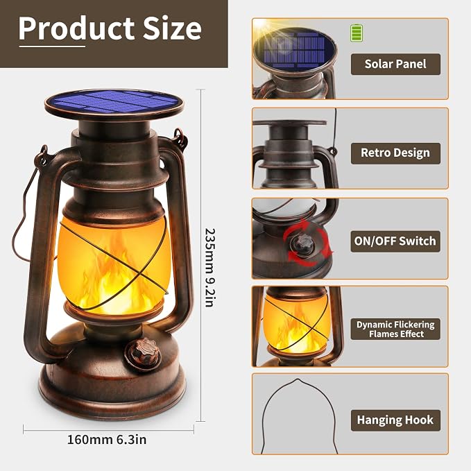 Solar Lantern Outdoor Waterproof, LED Vintage Flickering Flame Solar Lights - Image 9