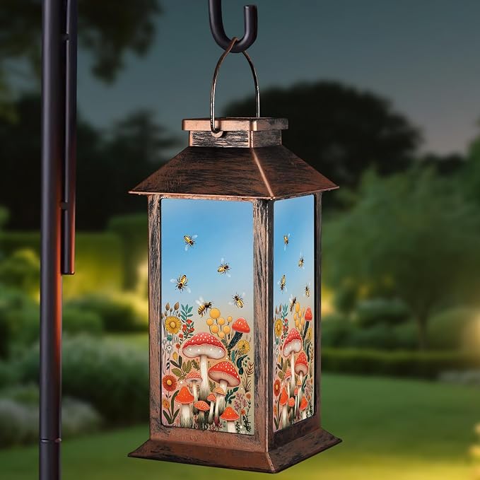 Outdoor Hanging Solar Lantern Waterproof Outside Bees Mushrooms Pattern by Unknown