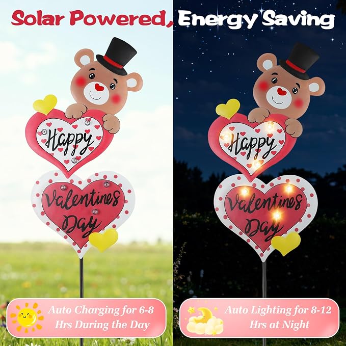 Lewondr 2 Pcs Valentine's Day Decorations Outdoor, Metal Solar Pathway Lights - Image 2