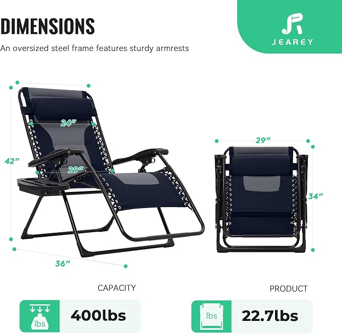 JEAREY Oversized Padded Zero Gravity Chairs, Folding Lounge Chair Outdoor Patio - Image 3