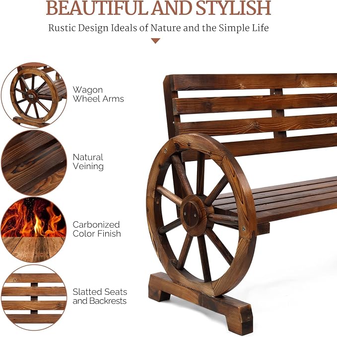 VINGLI Rustic Wooden Wheel Bench Outdoor Bench, Patio Bench Wagon Slatted Seat - Image 4