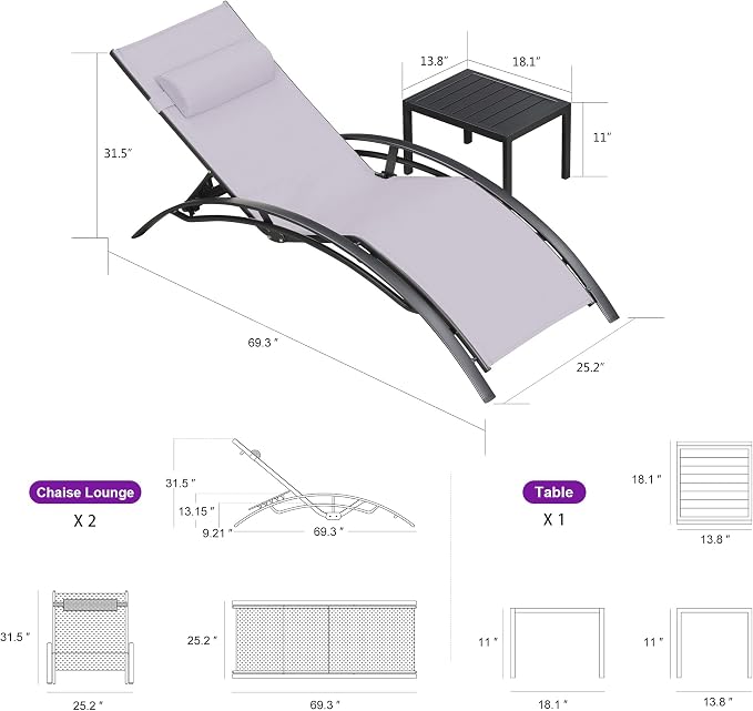 PURPLE LEAF Patio Chaise Lounge Set of 3 Outdoor Lounge Chair Beach Pool - Image 2