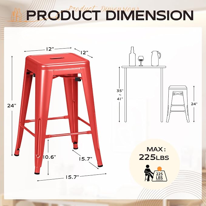 Furmax 24 Inch Metal Bar Stools Set of 4, Counter Height Bar Stools Height High - Image 3