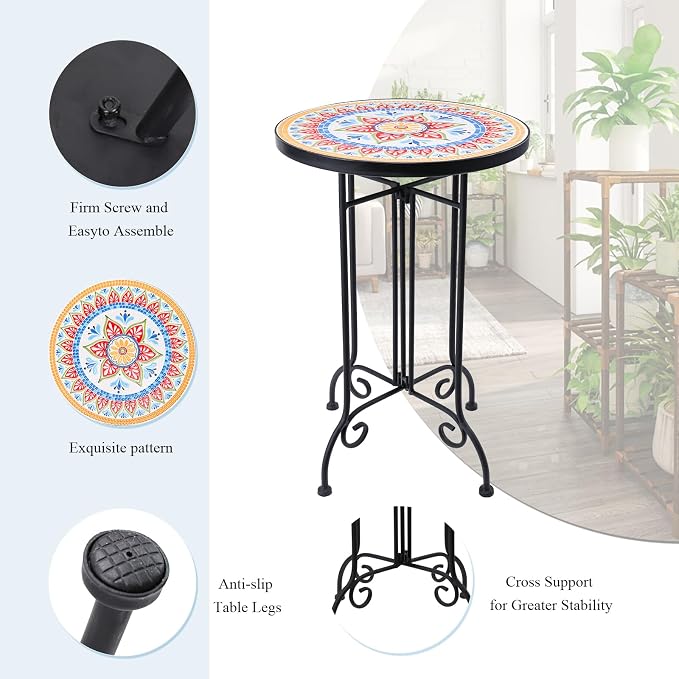 VCUTEKA Mosaic Outdoor Side Table, Round Rustproof Patio Tables - Image 4