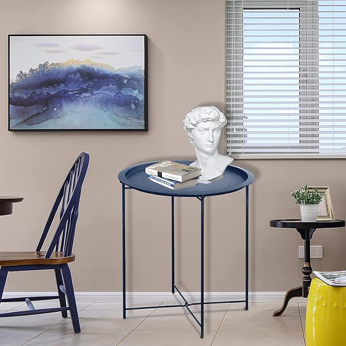 Garden 4 you End Table 2 PCS Metal Side Table Dark Blue Round Folding Tray Cyan - Image 2
