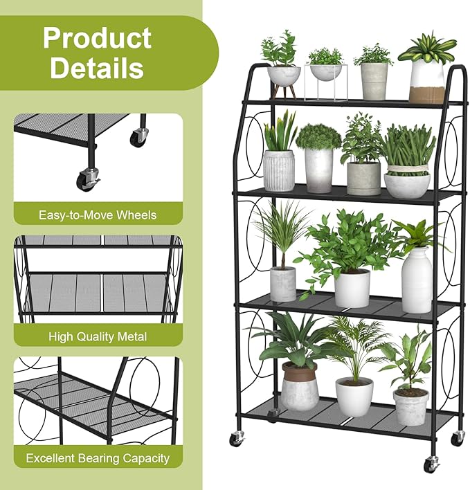 4 Tier Plant Stand with Wheels, Plant Shelf - Image 6