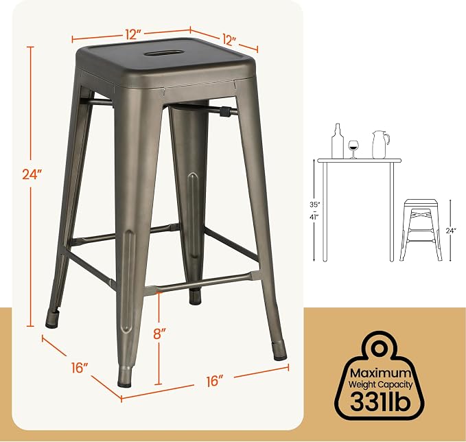 Yaheetech 24'' Metal Bar Stools Counter Height Barstools Set of 4 High Backless - Image 3