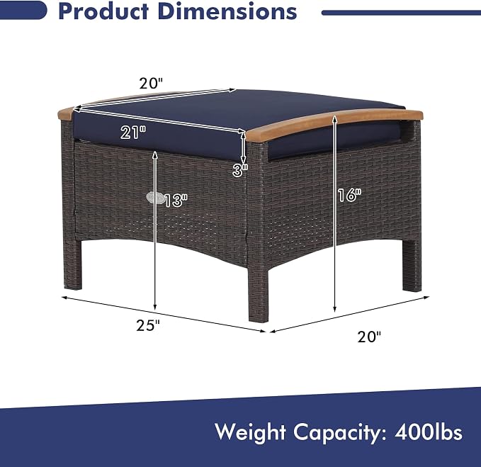 Tangkula 2 Piece Patio Rattan Ottomans, Outdoor Wicker Footstool w/Acacia Wood - Image 4