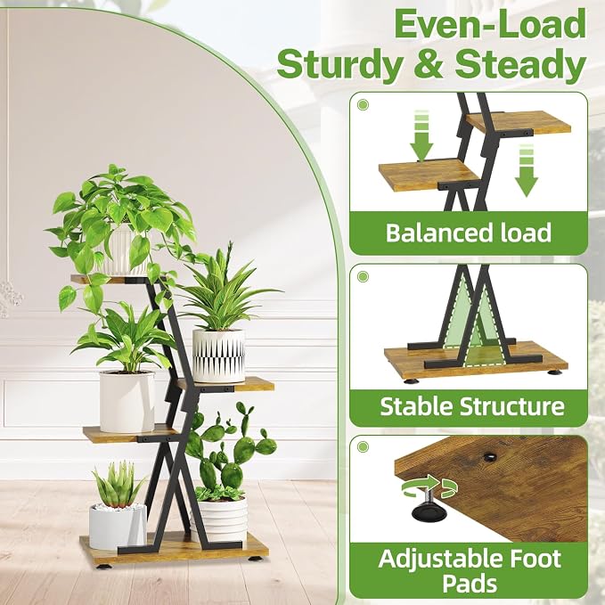 iDavosic.ly 3 Tier Indoor Plant Stand, Corner Tall Metal & Wood Flower Shelf - Image 2