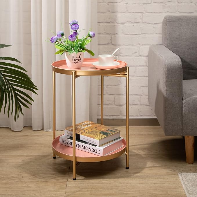 HollyHOME 2-Tier Round Gold Side Table, Outdoor Small Folding Accent Stand - Image 2