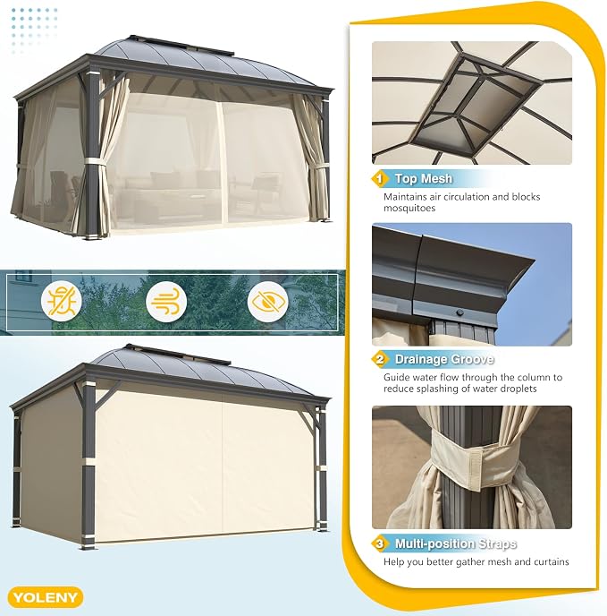 YOLENY 12'x14' Hardtop Gazebo, Permanent Outdoor Aluminum Patio Gazebo - Image 3