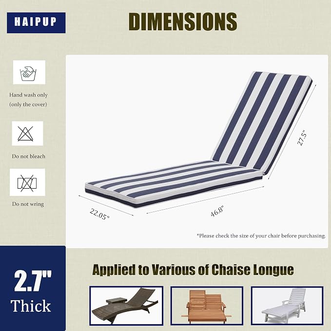 Outdoor Chaise Lounge Chair Cushions 2 Pack, Thick Waterproof Patio Pool Lounge - Image 4