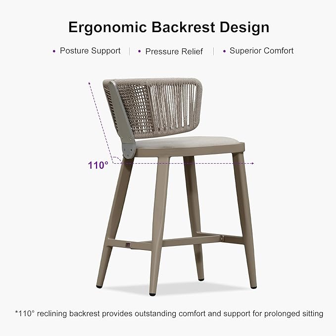 PURPLE LEAF Outdoor Counter Height Bar Stool Set of 2 Modern Rattan Bar Chairs - Image 2