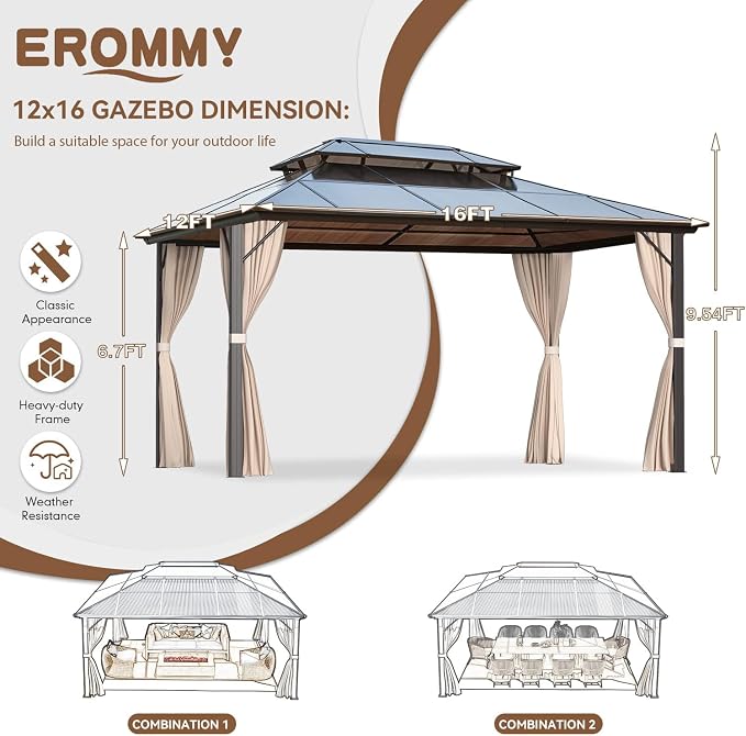 EROMMY 12'x16' Gazebo Polycarbonate Double Roof Pavilion Gazebo Outdoor - Image 3