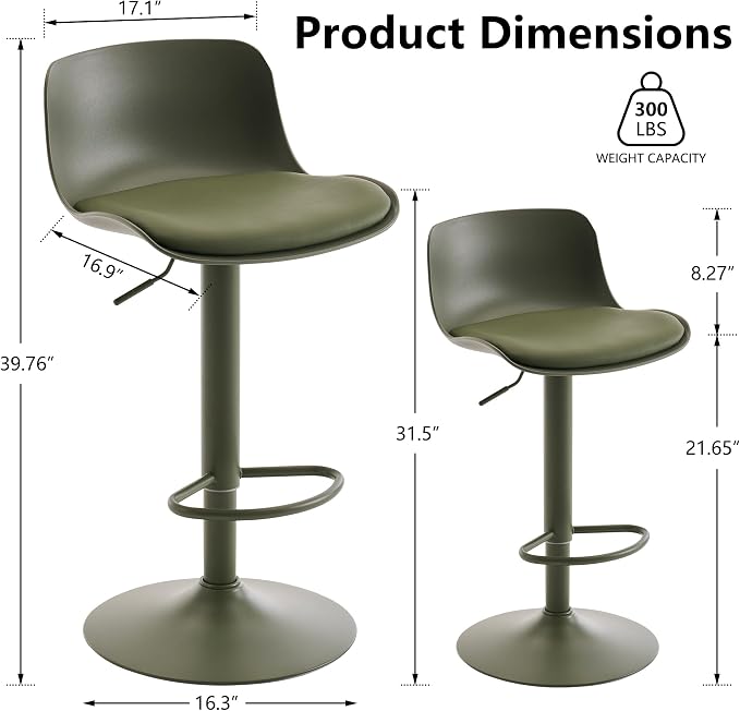 Kidol & Shellder Bar Stools Set of 2 Olive Green Adjustable Swivel Counter - Image 2