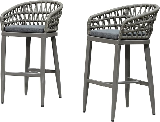 PURPLE LEAF Outdoor Rattan 29" Bar Stools Set of 2, Modern Boho Aluminum Patio by PURPLELEAF