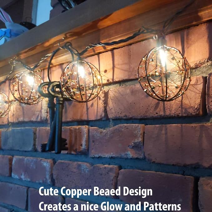 Outdoor Decorative Patio String Lights, Beaded Copper Wire Ball Style Lantern - Image 4