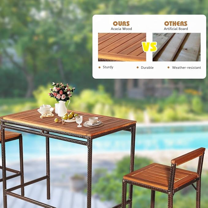 HAPPYGRILL 3 Pieces Outdoor Wicker Rattan Bar Set, Acacia Wood Patio Dining - Image 5