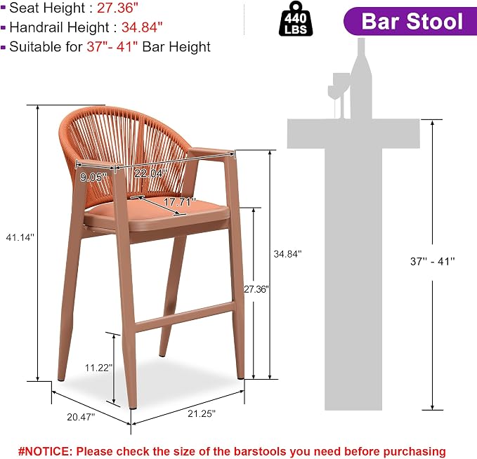 PURPLE LEAF Outdoor Bar Stools Set of 2 Wicker Bar Stools Woven Bar Height - Image 3