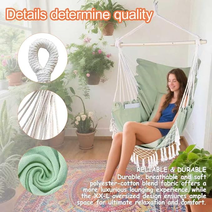 Hammock Chair Hanging Rope Swing Chair, Max 450 Lbs, Large Hanging Chair - Image 5
