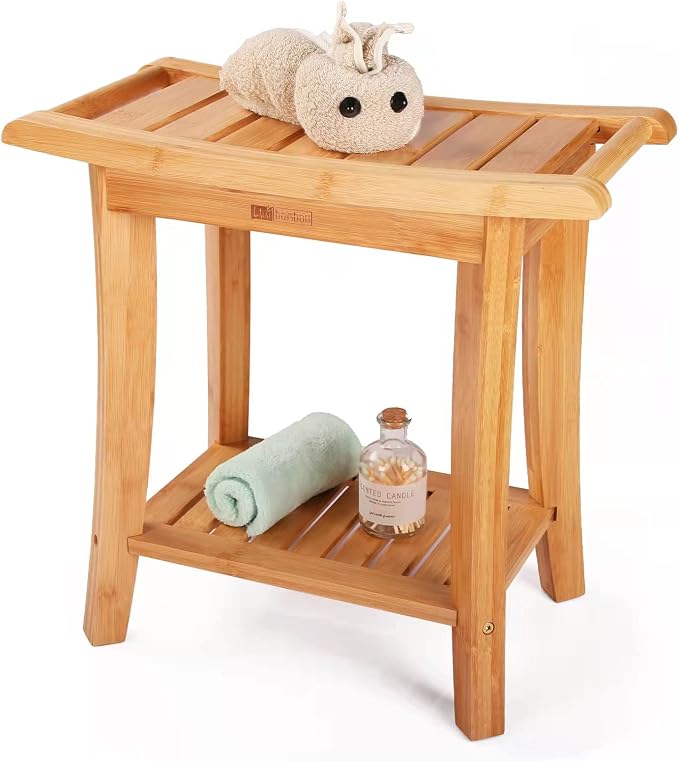 Bamboo Shower Bench with Storage Shelf, Wooden Spa Bath Deluxe Organizer Shower by Unibambou