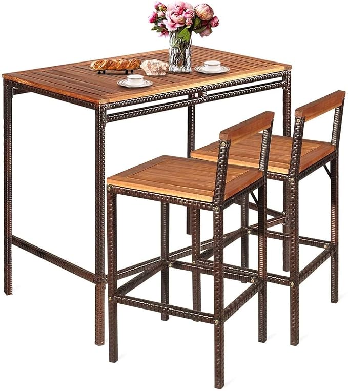 HAPPYGRILL 3 Pieces Outdoor Wicker Rattan Bar Set, Acacia Wood Patio Dining by HAPPYGRILL