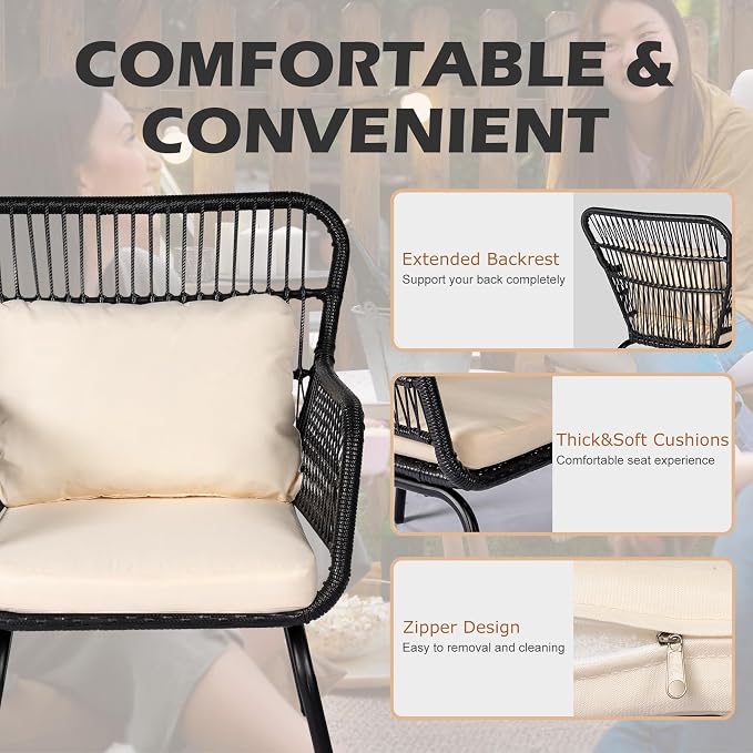3 Piece Outdoor Wicker Furniture Bistro Set, Rattan Chairs Conversation Sets - Image 3