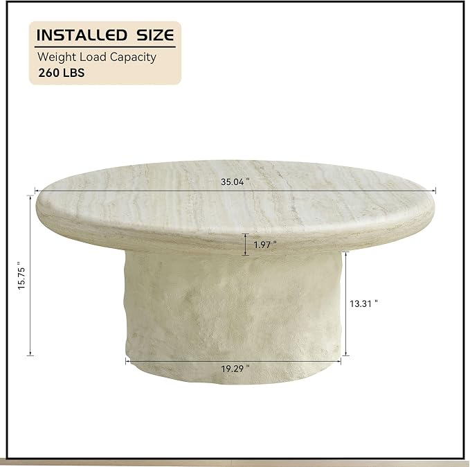 Round Coffee Table, 35.04" Fiberglass Imitation Stone Table Cement Rock Center - Image 2