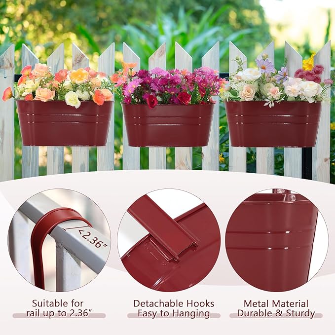 3 Pack Metal Railing Planters, 10.5" Oval Hanging Flower Pots - Image 4