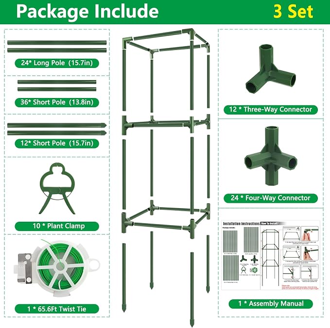 3 Pack Square Tomato Cages, Plant Support Tower Stakes Cucumber Pepper Trellis - Image 6