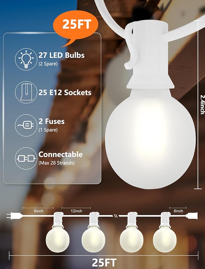 SUNSGNE 25Ft G40 LED Outdoor White String Lights - Image 2