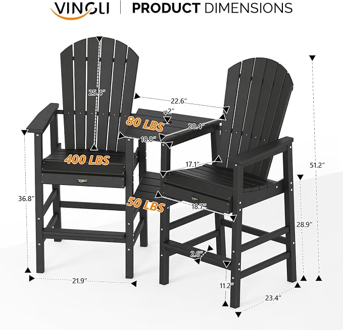 VINGLI Tall Adirondack Chairs Set of 2, All Weather HDPE Bar Height Adirondack - Image 7