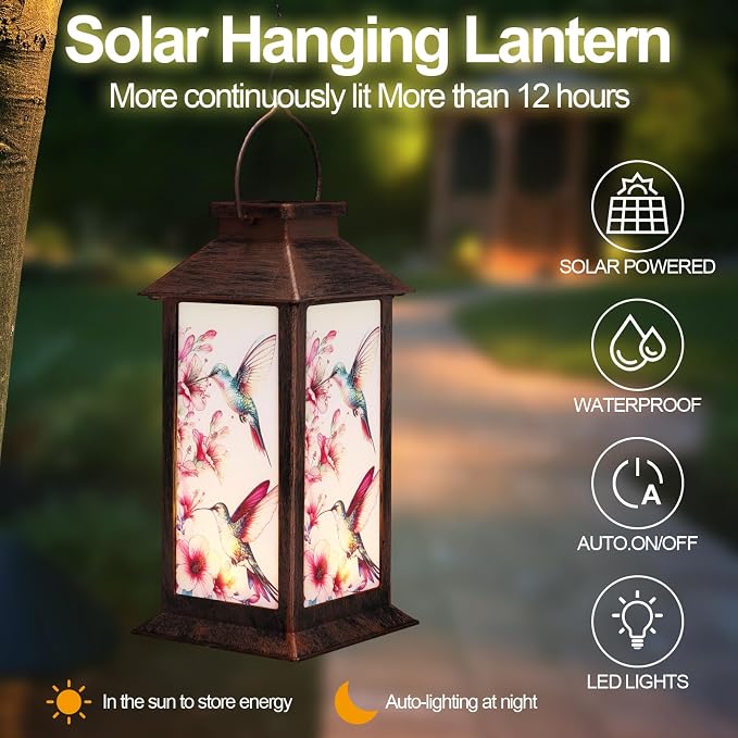 Outdoor Hanging Solar Lantern Waterproof Outside Hummingbird Pattern Landscape - Image 2