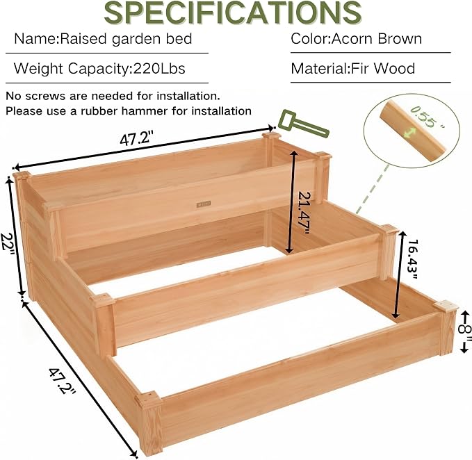 3-Tier Raised Garden Bed with Fabric Liner, Wood Elevated Planter Box with - Image 3