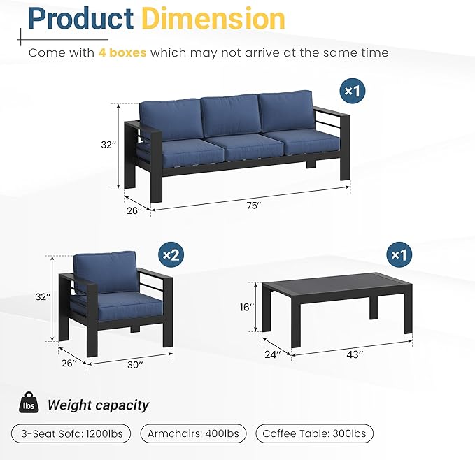 Solaste Aluminum Outdoor Patio Furniture Set, 5 Seats Patio Sectional Sofa - Image 2