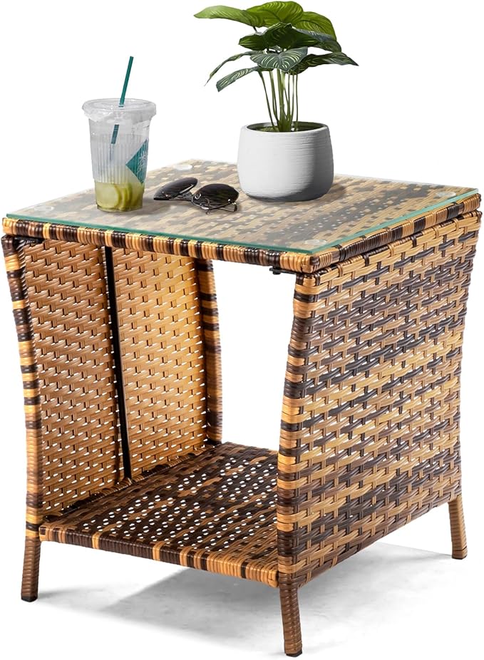 VINGLI Outdoor Wicker Side Table Patio Side Tables by VINGLI