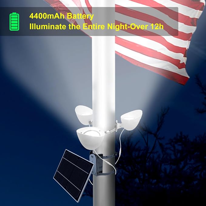Solar Flag Pole Light, 3 Super-Spotlights LEDs, Adjustable Metal Clamps Fits - Image 6