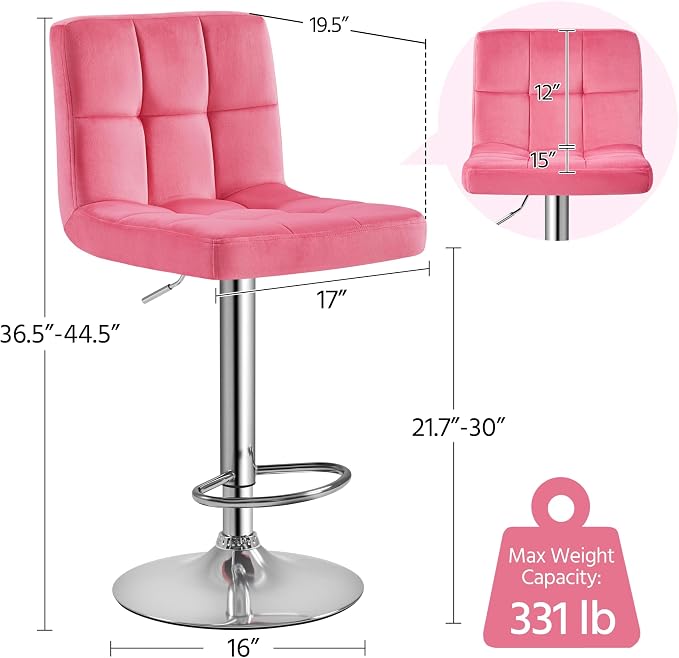 Yaheetech Pink Velvet Bar Stools, Adjustable Barstools Set of 4, Armless Swivel - Image 3