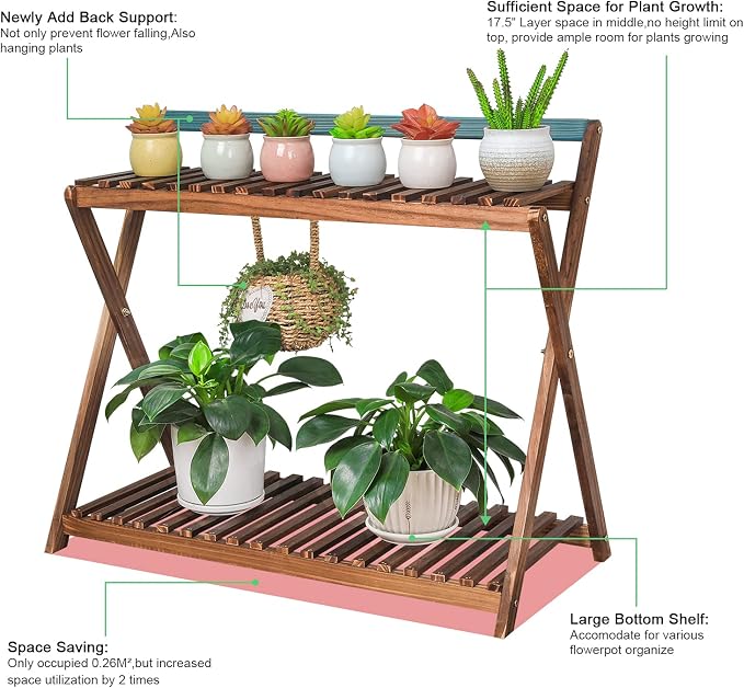 Indoor Plant Stand for Multiple Plants 2 Tier Wood Corner Plant Shelf Rack - Image 3