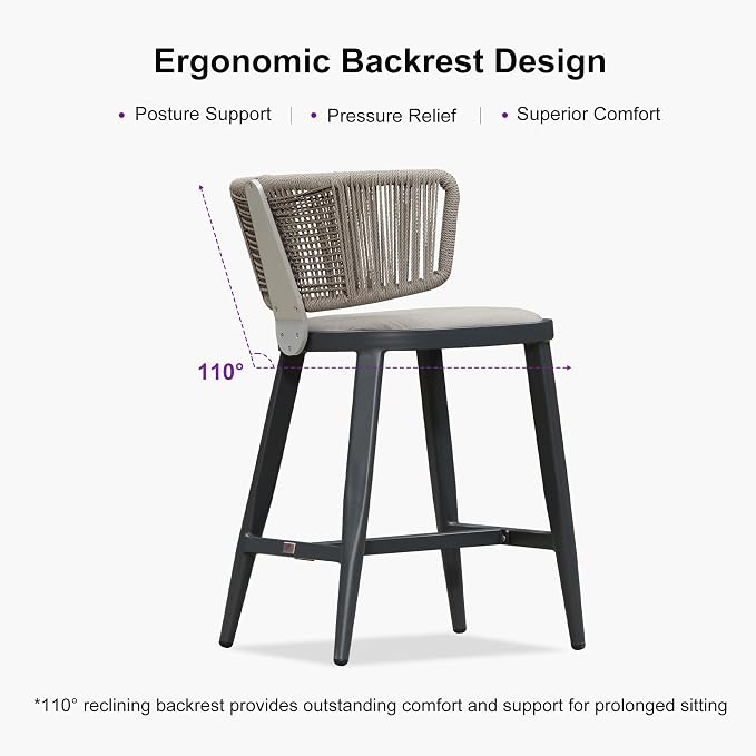 PURPLE LEAF Outdoor Counter Height Bar Stool Set of 2 Modern Rattan Bar Chairs - Image 6