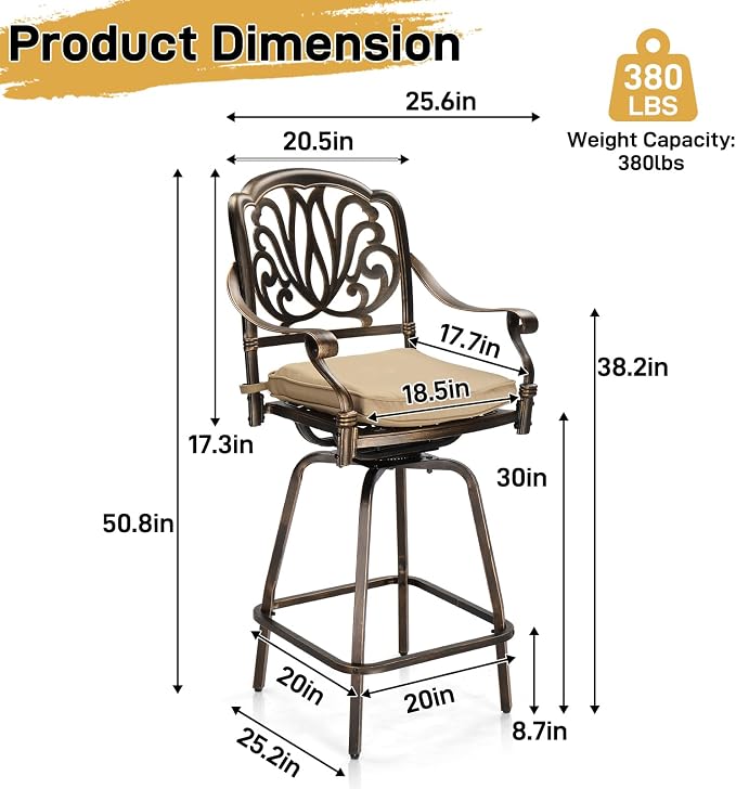 Outvita 4 Piece Outdoor Patio Swivel Bar Stools, All-Weather Cast Aluminum Bar - Image 5